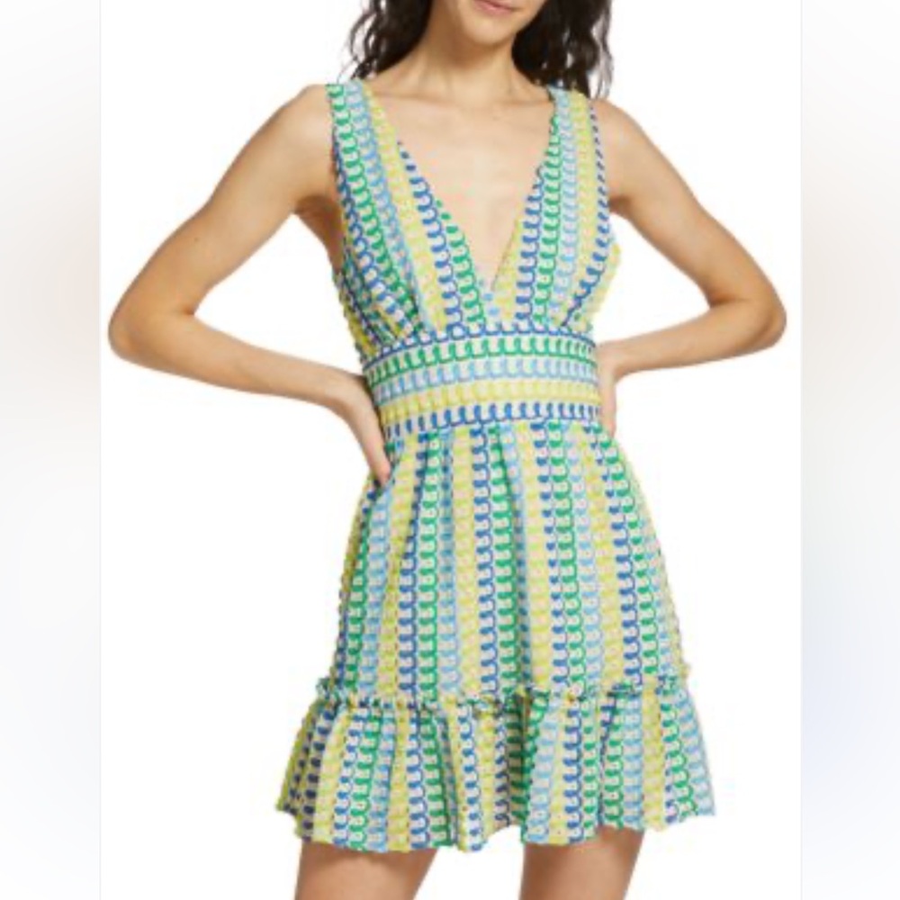 Ramy Brook Foley Print Blue and Yellow Crochet Patterned Mini Dress Size M